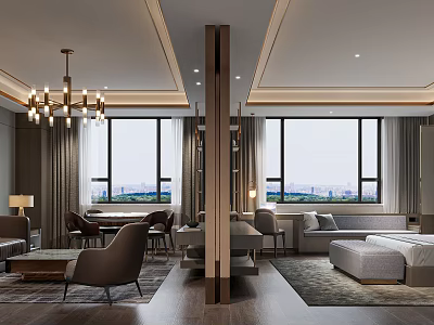 Modern Hotel Guest Room With Large Windows City View Sofa And Chandelier 3d model