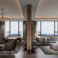 Modern Hotel Guest Room With Large Windows City View Sofa And Chandelier