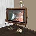 Wooden Cabinet Shelf With Planetary Screen Radio Books And Vase In Living Room