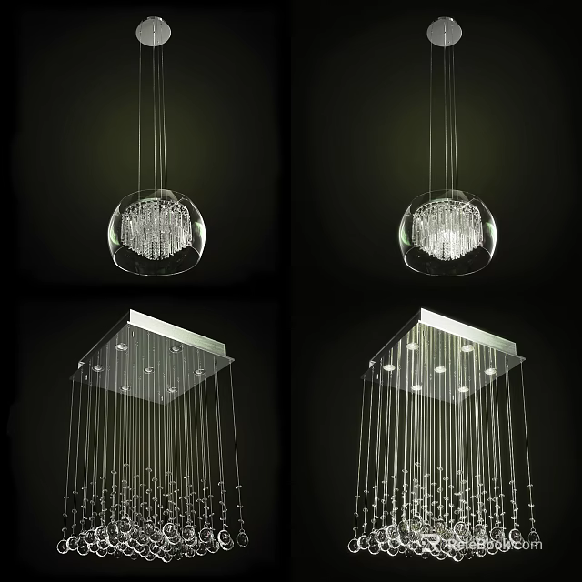 Modern Spherical And Square Chandeliers With Transparent Spheres And Crystal Pendants 3d model 