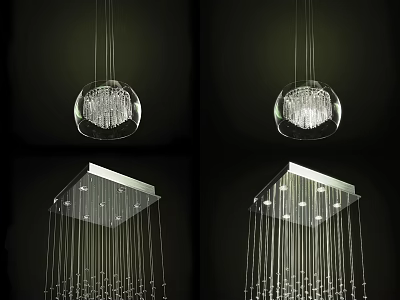 Modern Spherical And Square Chandeliers With Transparent Spheres And Crystal Pendants 3d model