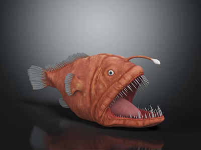 Red Anglerfish With Large Open Mouth Sharp Teeth And Glowing Lure On Dark Reflective Surface 3d model