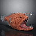 Red Anglerfish With Large Open Mouth Sharp Teeth And Glowing Lure On Dark Reflective Surface