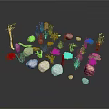 Various Wood and Stone Decorative Items With Small Plants and Natural Logs