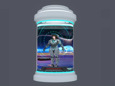 Smart Machine Enclosed in Transparent Container With Humanoid in Mechanical Suit and Blue Halo 3d model