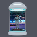 Smart Machine Enclosed in Transparent Container With Humanoid in Mechanical Suit and Blue Halo