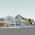 Modern Urban Commercial Street Featuring Glass Facade Buildings Large Billboard Pedestrians And Vehicles