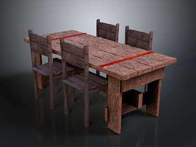 Rustic Wooden Dining Table Set With Four Matching Chairs And Natural Finish 3d model