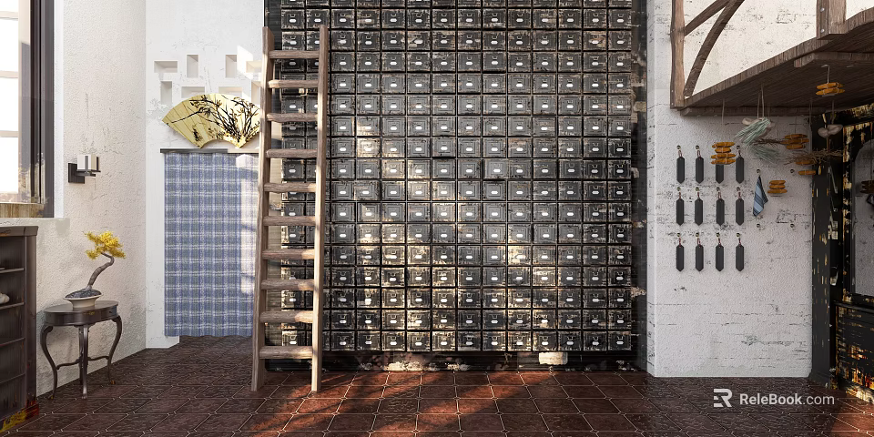 Wall of Small Drawers with Wooden Ladder Tools Blue White Checkered Curtain Red Brick Floor 3d model 