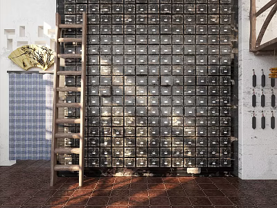 Wall of Small Drawers with Wooden Ladder Tools Blue White Checkered Curtain Red Brick Floor 3d model