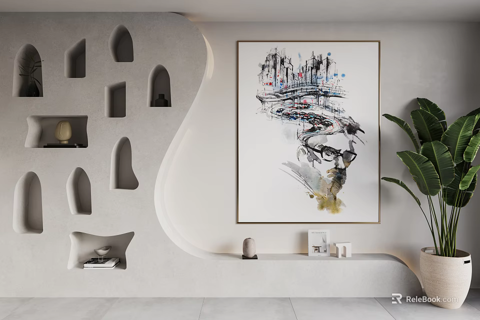 Abstract Painting in Modern Interior with Wall Decor Green Plant and Shelves 3d model 