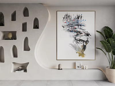 Abstract Painting in Modern Interior with Wall Decor Green Plant and Shelves 3d model