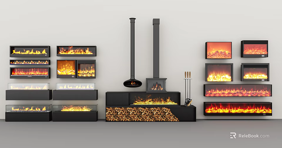 Various Modern Fireplace Designs With Realistic Flames And Wood Stack 3d model