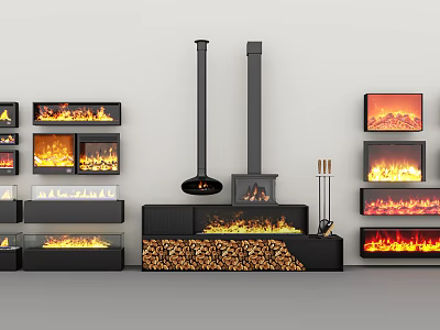 Various Modern Fireplace Designs With Realistic Flames And Wood Stack 3d model