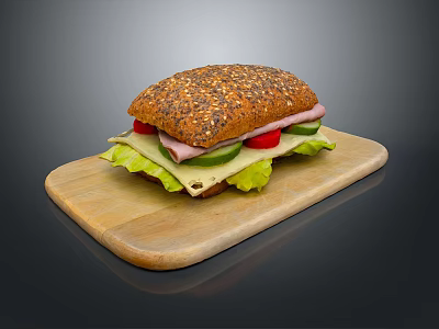 Delicious Multigrain Sandwich with Fresh Lettuce Tomato Ham and Cheese on Wooden Cutting Board 3d model