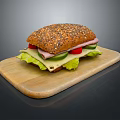 Delicious Multigrain Sandwich with Fresh Lettuce Tomato Ham and Cheese on Wooden Cutting Board