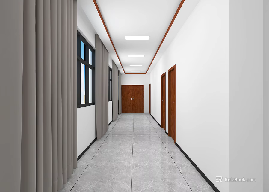 Bright Service Hall Corridor With White Walls Gray Curtains Wooden Doors And Gray Tiled Floor 3d model 