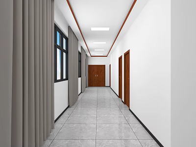 Bright Service Hall Corridor With White Walls Gray Curtains Wooden Doors And Gray Tiled Floor 3d model