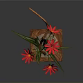 Potted Plant With Red Flowers Green Leaves In Pink Square Textured Pot