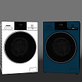 Modern Front Loading Washing Machines in White and Dark Blue with Digital Control Panels