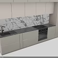Modern Kitchen Interior Featuring Marble Backsplash Dark Countertop Sink Oven And Cabinets 3d model