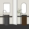 Modern Bathroom Interior With Silver And Brown Washbasins Round Square Mirrors Green Plant