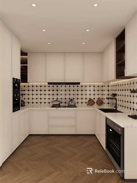 Sleek Modern Kitchen Interior With White Cabinets Black And White Tile Backsplash Oven And Countertop 3d model 