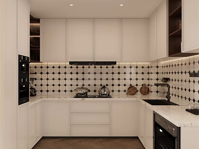Sleek Modern Kitchen Interior With White Cabinets Black And White Tile Backsplash Oven And Countertop 3d model
