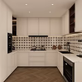 Sleek Modern Kitchen Interior With White Cabinets Black And White Tile Backsplash Oven And Countertop