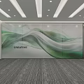 Public Office Area With Green Wavy Wall Creative Lettering Meeting Sign Gray Carpet White Lights