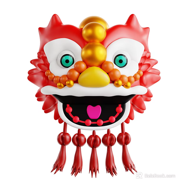 Red Lion Head Decorative Ornament Set with Golden Decorations Green Eyes and Tassels 3d model 
