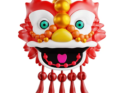 Red Lion Head Decorative Ornament Set with Golden Decorations Green Eyes and Tassels 3d model