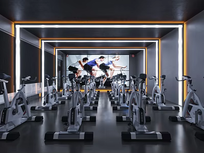 Modern Fitness Studio With Spin Bikes Large LED Screen And Workout Video 3d model