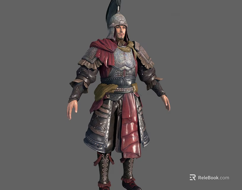 Legendary Armored Warrior With Red And Silver Armor And Helmet Standing Pose 3d model 