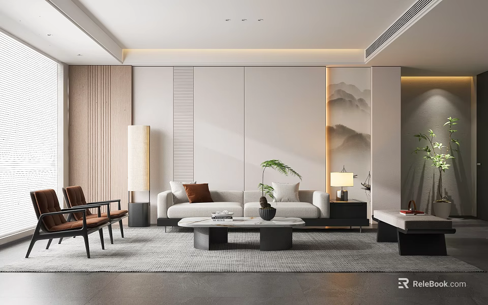 Modern Minimalist Living Room Interior With Sofa Coffee Table Chairs Rug And Decorative Plants 3d model 