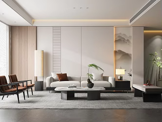 New Chinese Style Living Room Home Living Room Sofa Combination Hanging Picture Ornaments Green Plant Coffee Table Carpet 3d model
