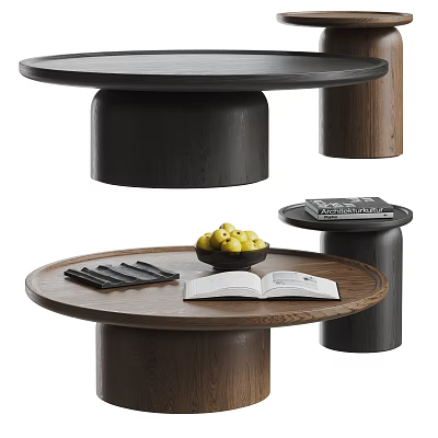 Round Wooden Coffee Table With Black Base Holding Open Book Fruit Bowl And Remote Controls 3d model