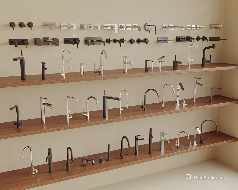Various Kitchen And Bathroom Faucet Styles Displayed On Wooden Retail Shelves 3d model 