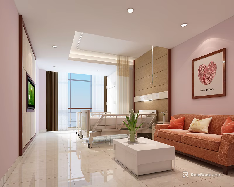 Modern Hospital Room Interior With Medical Bed Sofa Coffee Table TV And Decorative Painting 3d model 
