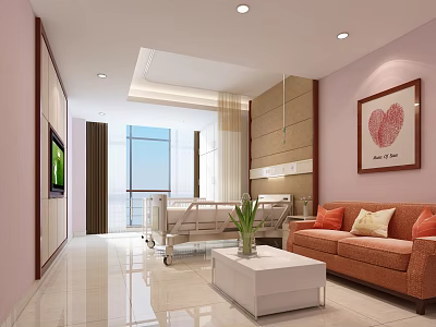 Modern Hospital Room Interior With Medical Bed Sofa Coffee Table TV And Decorative Painting 3d model