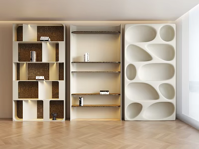 Modern Interior Bookcases With Three Different Geometric Open Shelves And Oval Cutout Designs 3d model