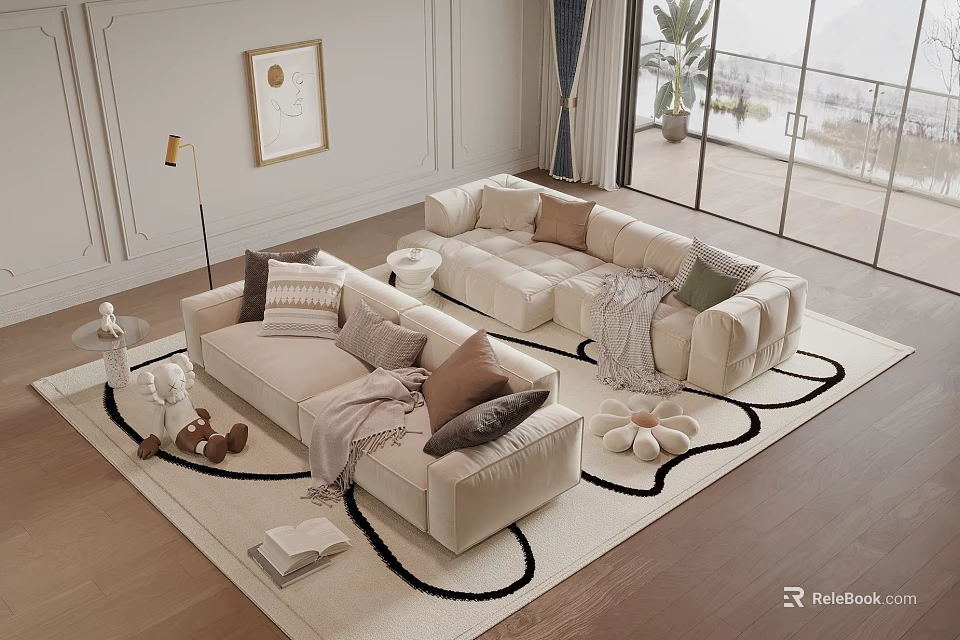 Modern Fabric Double Sofa With Pillows Throw Blanket And Rug Interior 3d model 