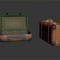 Orange Suitcases With Open Green Plaid Interior And Closed Brown Handles Black Corners
