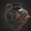 Black Body Pottery Jar Featuring Two Handles And Orange Panel With Octopus Carving 3d model