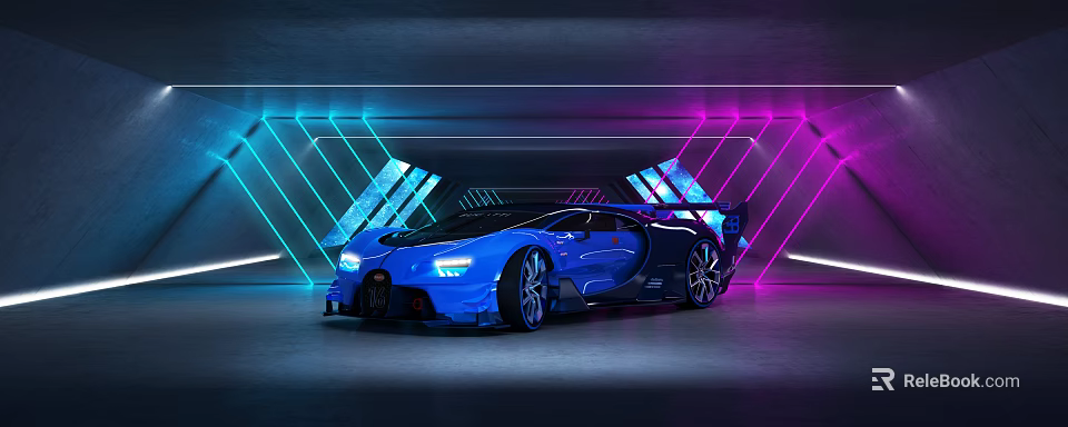 Sleek Blue Supercar In Modern Garage With Neon Geometric Light Design 3d model 