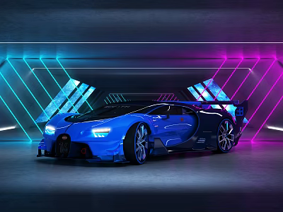 Sleek Blue Supercar In Modern Garage With Neon Geometric Light Design 3d model
