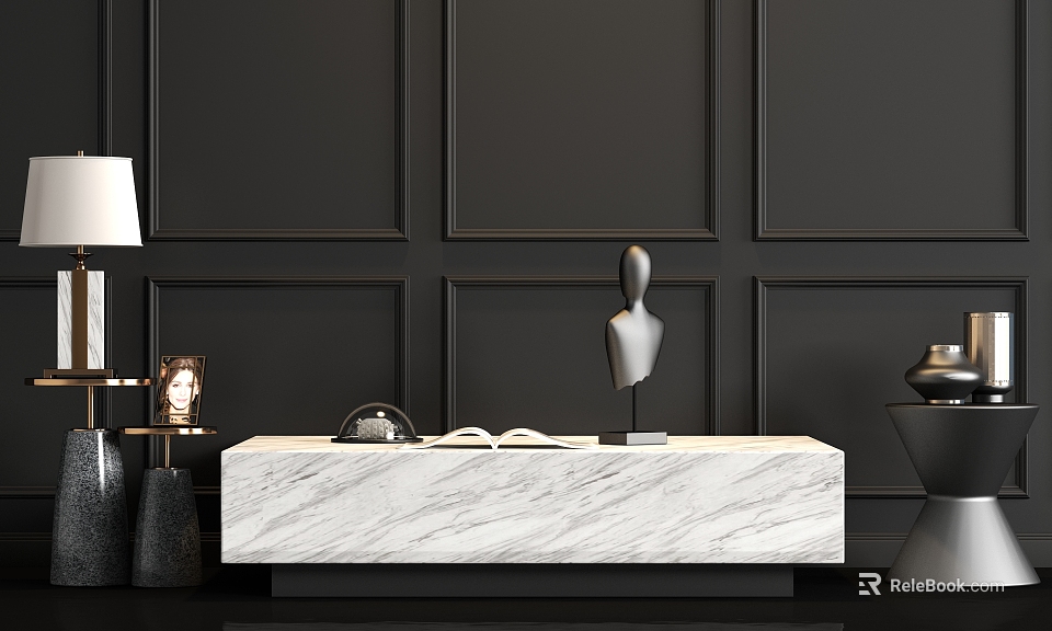 Elegant Mannequin Sculpture on White Marble Countertop with Open Book Teapot against Black Wall 3d model 