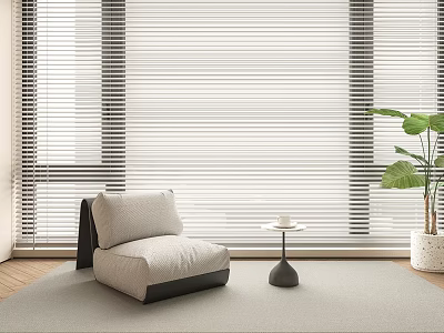 Modern Accent Chair In Living Room With Venetian Blinds Small Round Table And Potted Plant 3d model