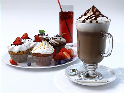 Delicious Cupcakes With Strawberries Blueberries And Whipped Cream Alongside Chocolate Drink 3d model