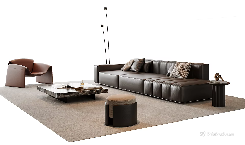 Modern Leather Sofa And Coffee Table Set With Marble Top Ottoman And Floor Lamp 3d model 